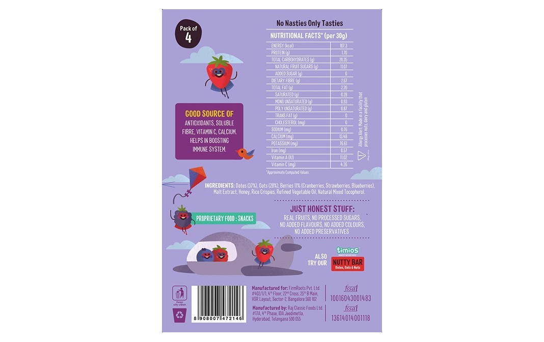 Timios Berry Bar, Dates, Oat & Berries   Box  159 grams
